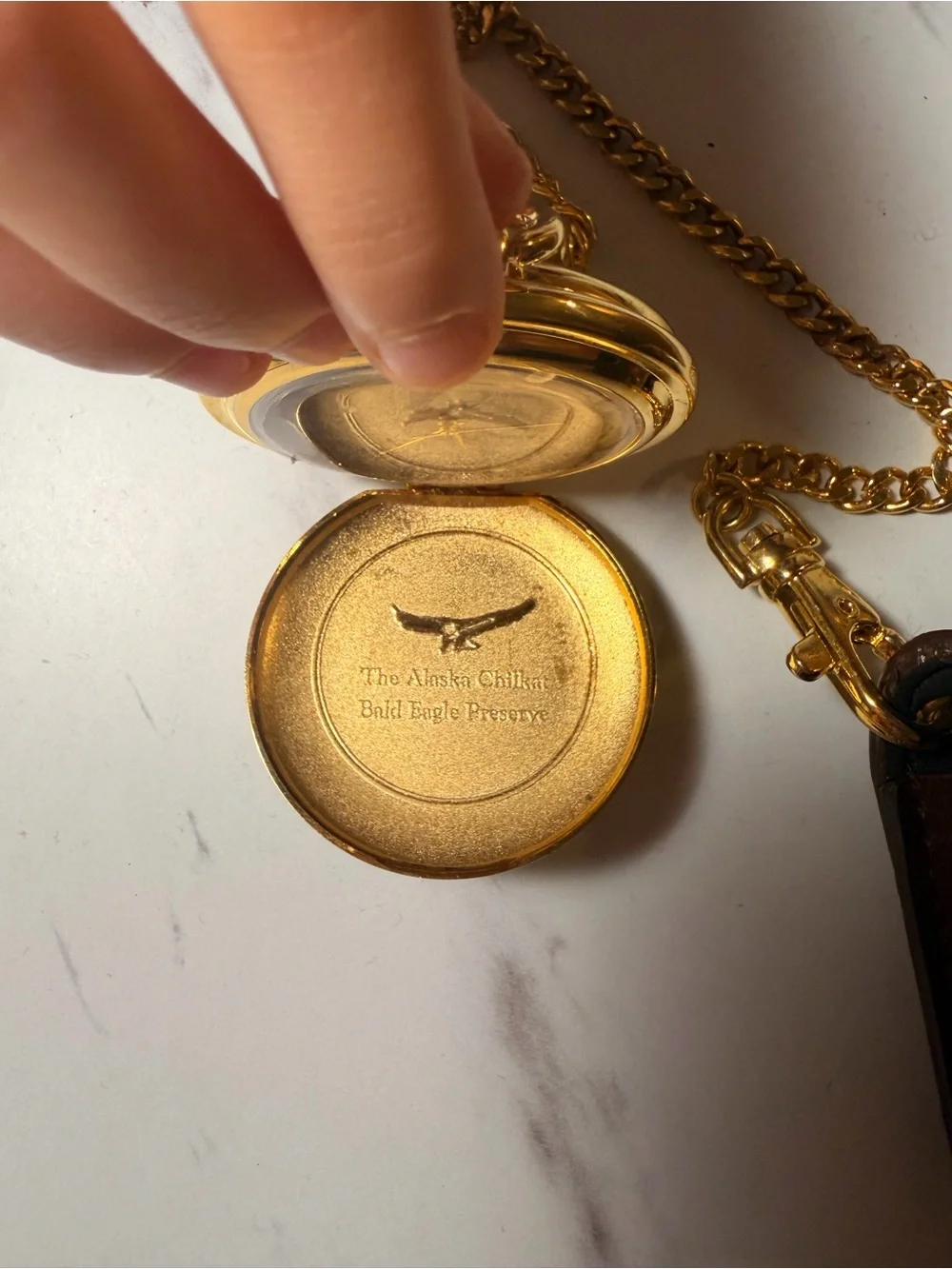 Gold Eagle Pocket Watch with chained Brown Tooled Leather Pouch